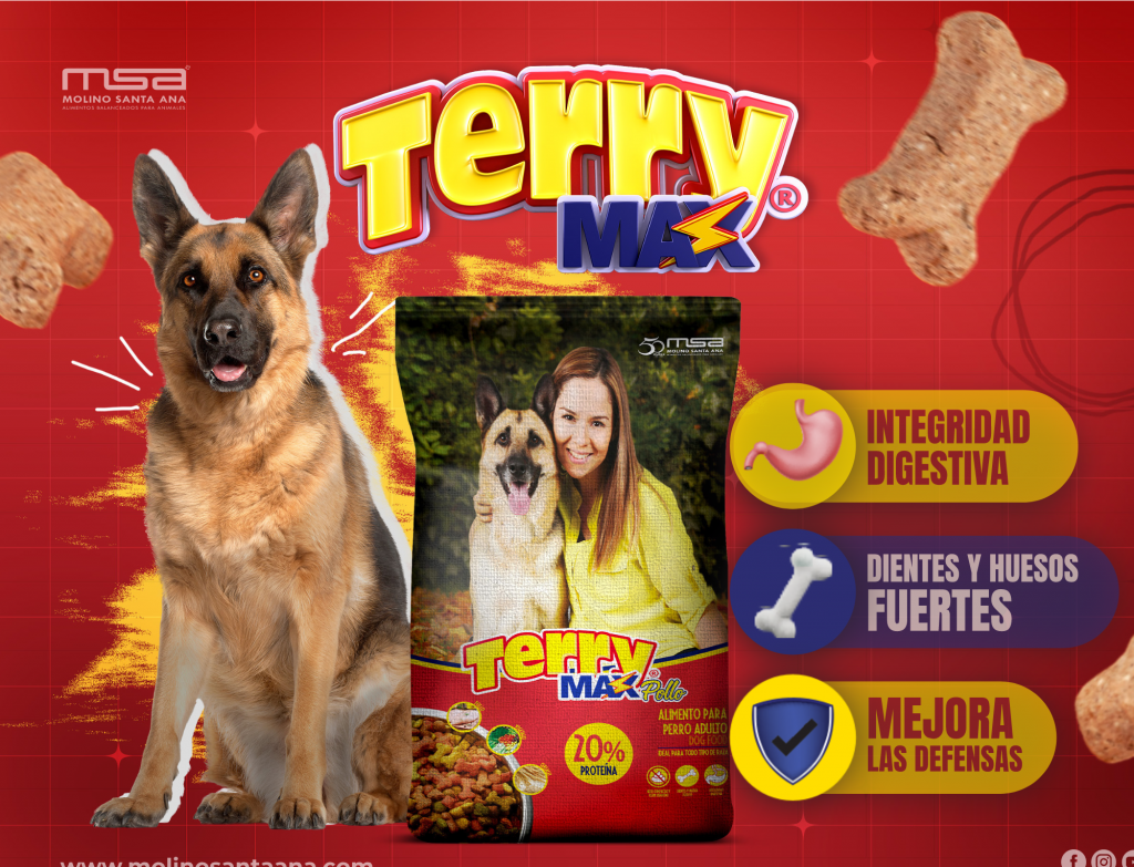 Terry Max es un alimento nutritivo y balanceado para perros adultos que contiene una deliciosa combinación de carne, vegetales y cereales. Terry Max piensa en el bienestar de tu mascota y en el de tu bolsillo.