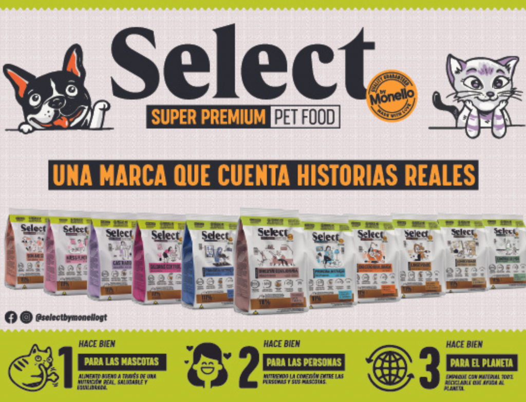Select by Monello elaborado con ingredientes cuidadosamente seleccionados, es un alimento de alto rendimiento para mantener una vida saludable a nuestras mascotas. 